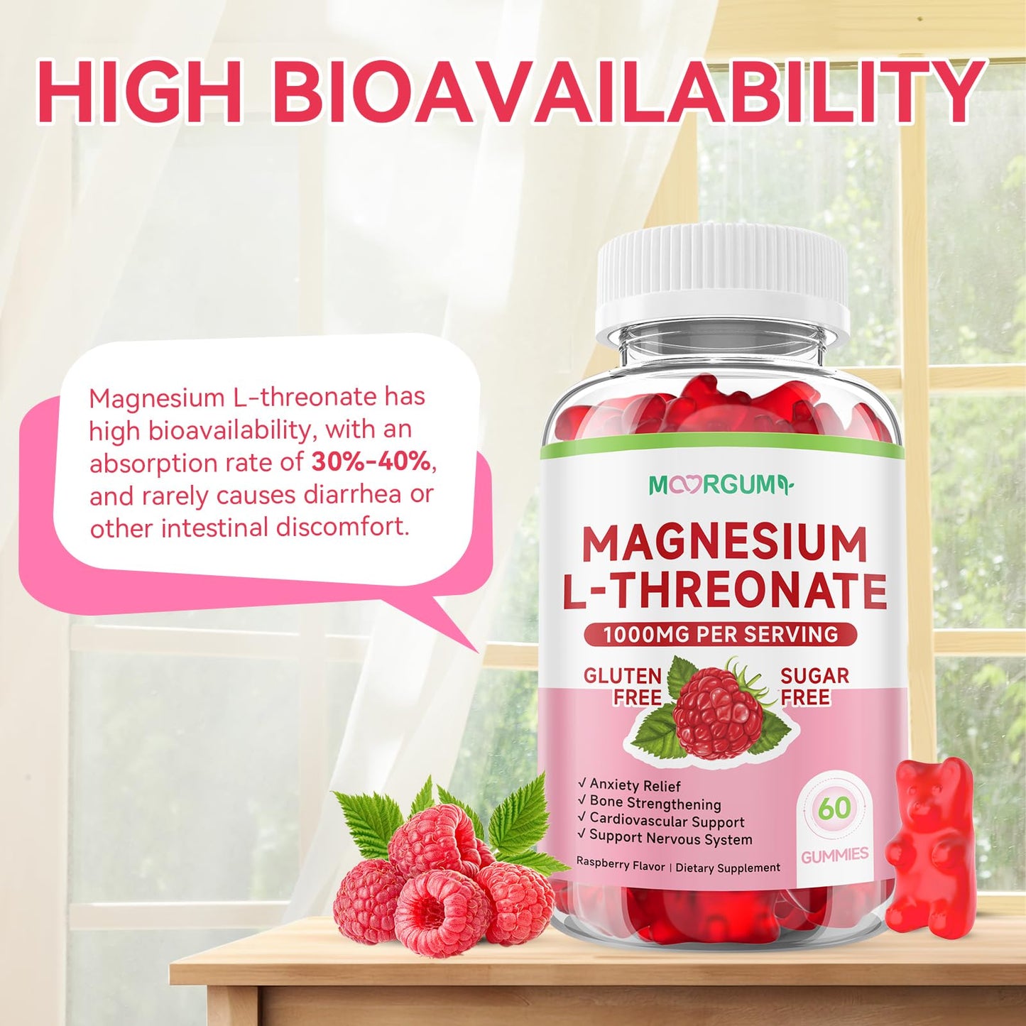 MOORGUMY Magnesium L-threonate Gummies – 1,000 mg | 60 Count | Memory & Sleep Support