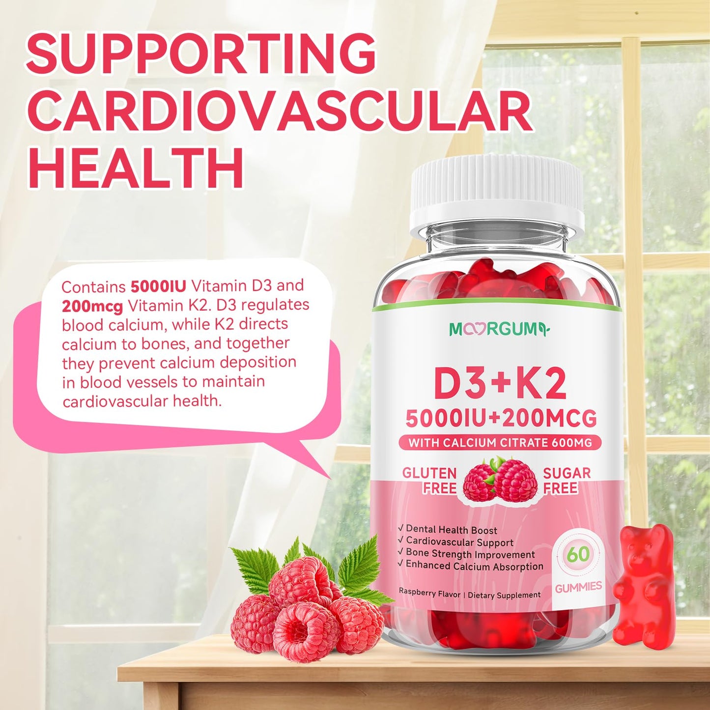 MOORGUMY Vitamin D3 K2 Gummies – 5000 IU D3, 200 mcg K2 MK-4 & MK-7, 600 mg Calcium – Supports Calcium Absorption, Healthy Bones, Immune & Heart Health – 60 Count
