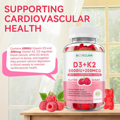 MOORGUMY Vitamin D3 K2 Gummies – 5000 IU D3, 200 mcg K2 MK-4 & MK-7, 600 mg Calcium – Supports Calcium Absorption, Healthy Bones, Immune & Heart Health – 60 Count