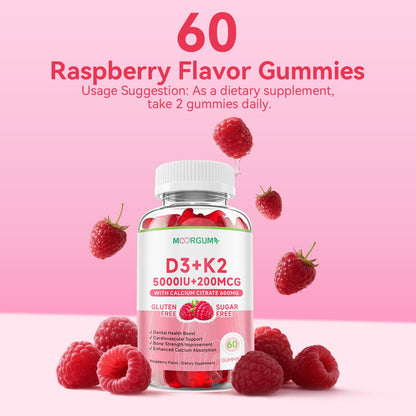 MOORGUMY Vitamin D3 K2 Gummies – 5000 IU D3, 200 mcg K2 MK-4 & MK-7, 600 mg Calcium – Supports Calcium Absorption, Healthy Bones, Immune & Heart Health – 60 Count