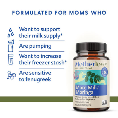 Motherlove More Milk Moringa (180 Liquid Caps) – Fenugreek-Free Lactation Support with Organic Moringa, Blessed Thistle, Nettle & Fennel | Vegan, Non-GMO