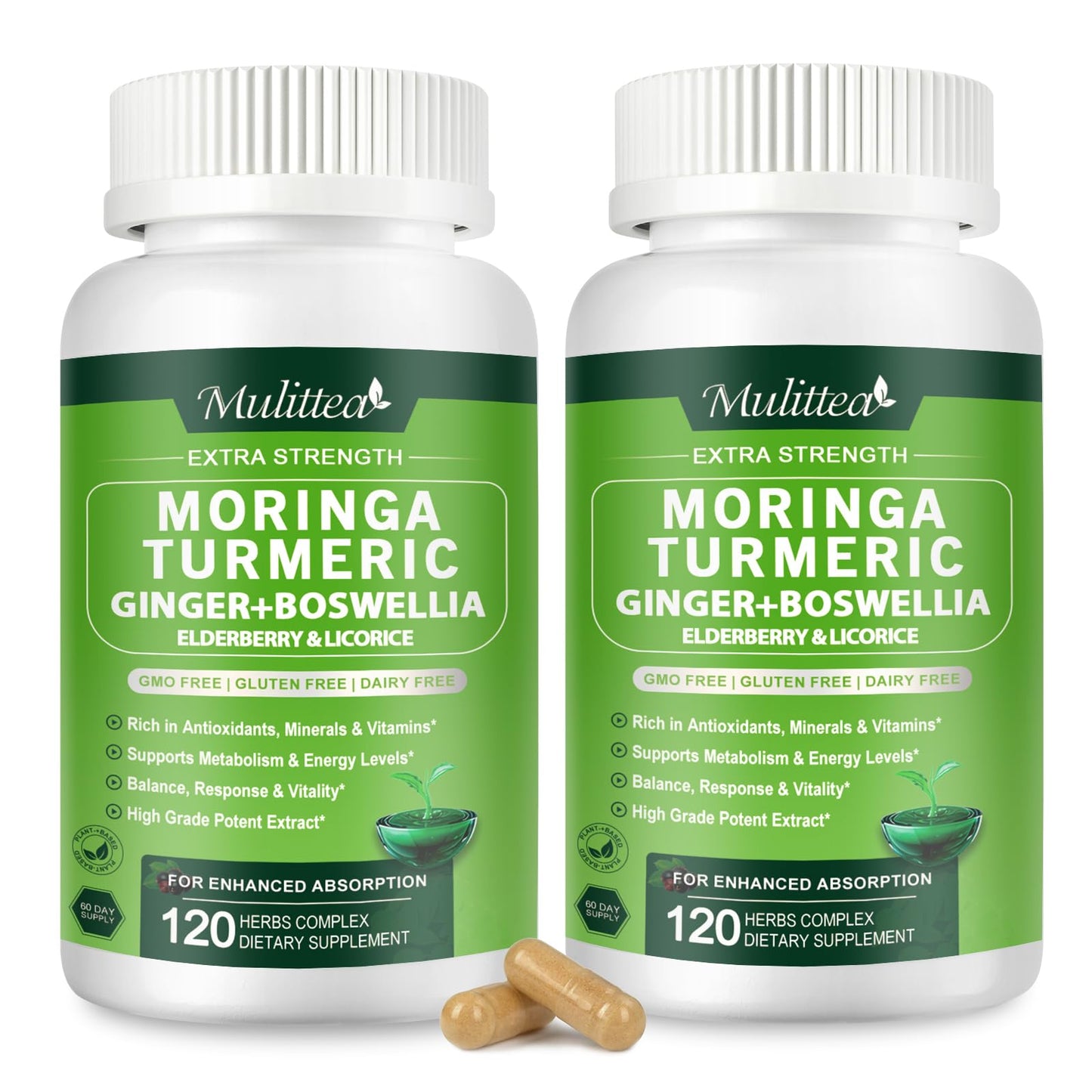 Mulittea Moringa Capsules 1000mg – 7-in-1 Turmeric, Ginger, Elderberry & Boswellia | 120 Vegan Capsules (2-Pack)