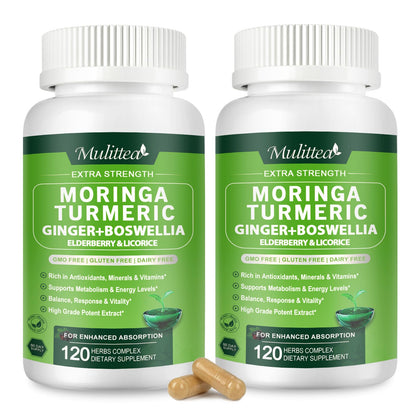 Mulittea Moringa Capsules 1000mg – 7-in-1 Turmeric, Ginger, Elderberry & Boswellia | 120 Vegan Capsules (2-Pack)