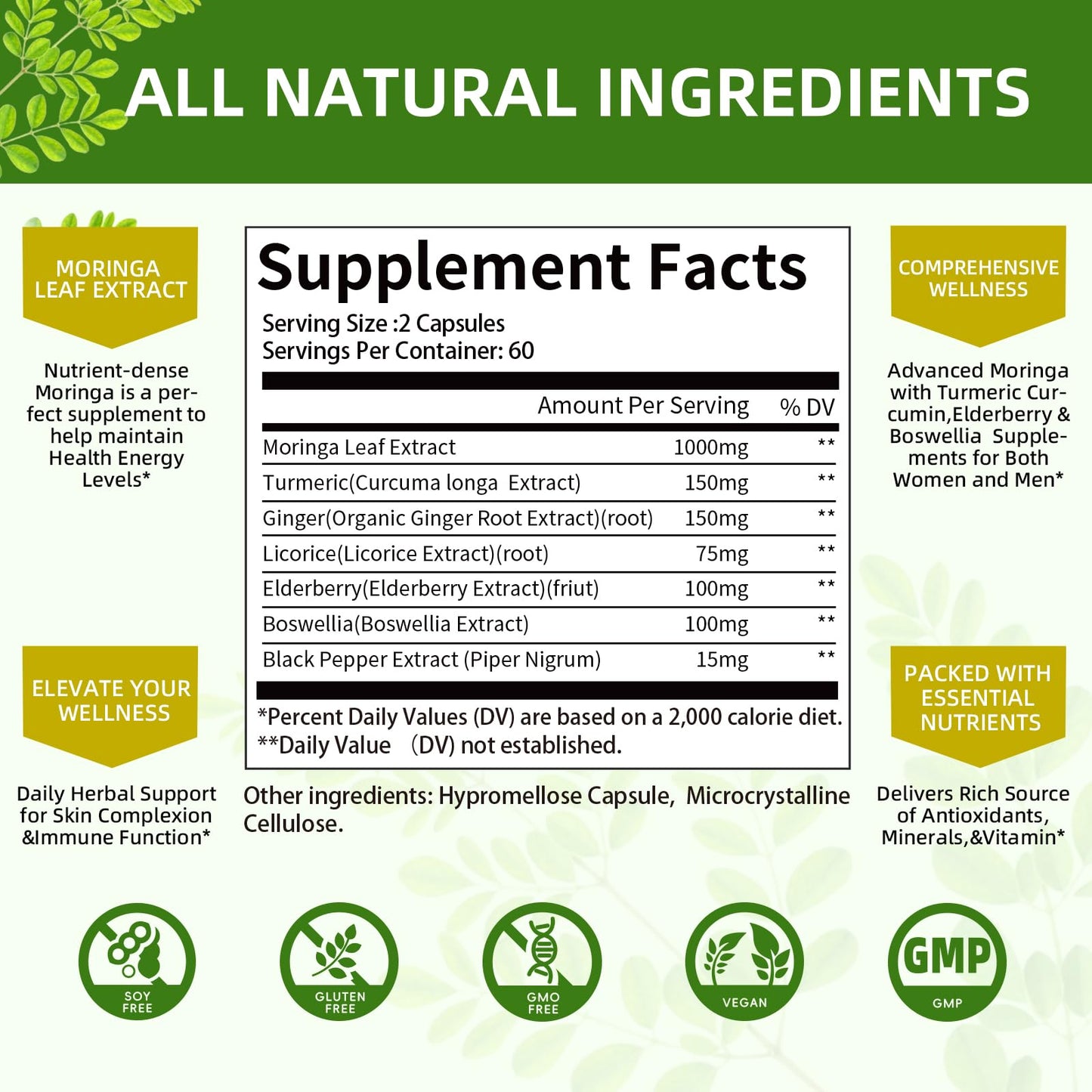 Mulittea Moringa Capsules 1000mg – 7-in-1 Turmeric, Ginger, Elderberry & Boswellia | 120 Vegan Capsules (2-Pack)