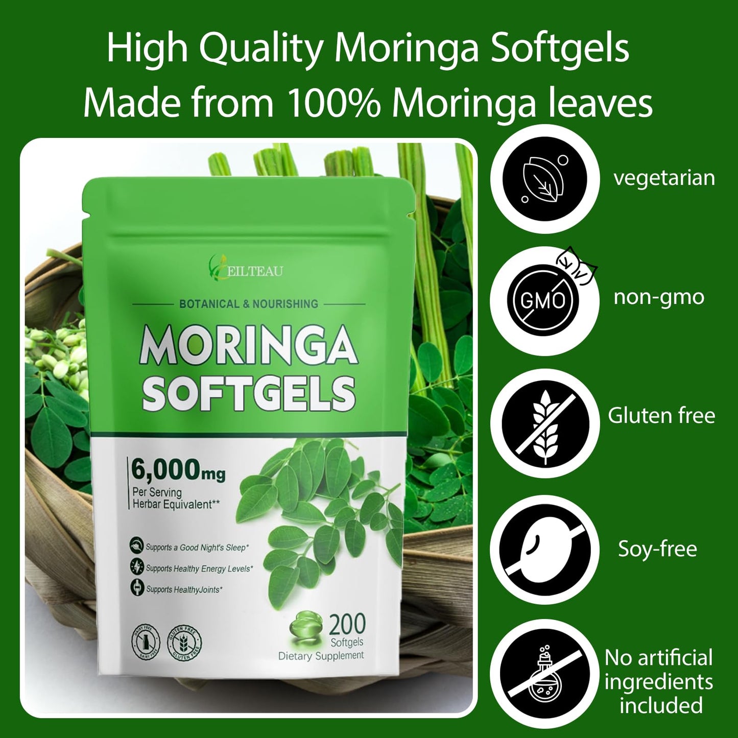 Moringa Capsules 200 Softgels | Pure Moringa Leaf Extracts, Energy, Skin & Gut Health, Rich in Antioxidants, Essential Vitamins & Amino Acids (1)