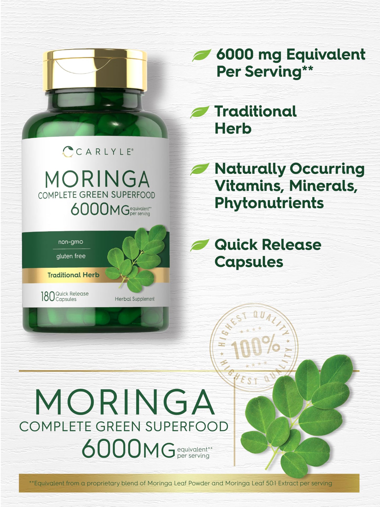 Carlyle Moringa Oleifera 180 Capsules | Non-GMO Gluten Free Green Superfood