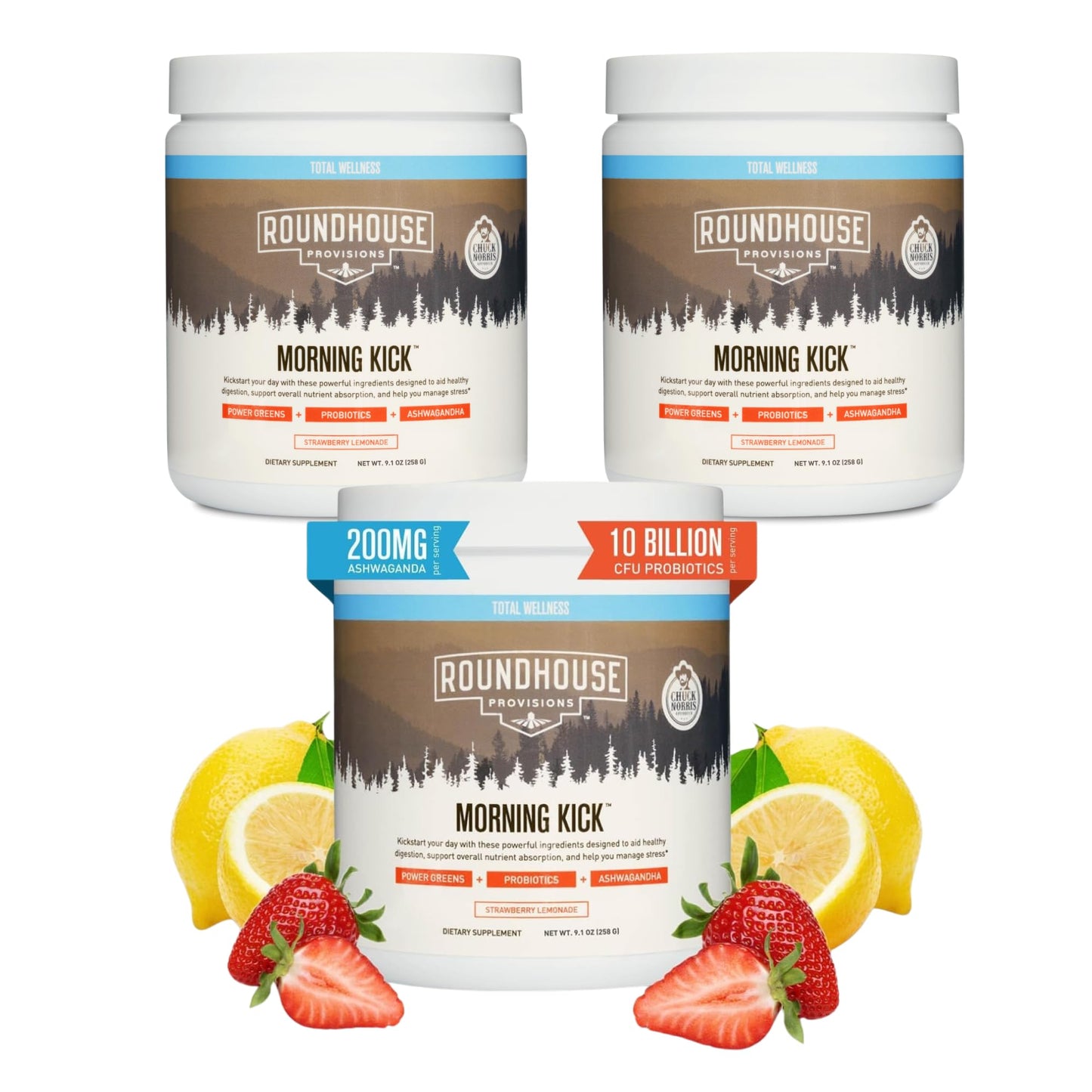 ROUNDHOUSE PROVISION Morning Kick Greens Powder – Ashwagandha, Collagen & Probiotics | Sugar Free, Caffeine Free (3 Pack) Strawberry Lemonade by Chuck Norris