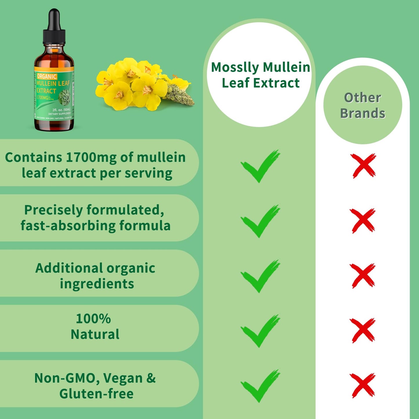 Mosslly 1700mg Mullein Drops – Organic Mullein Leaf for Lungs (2 fl oz)