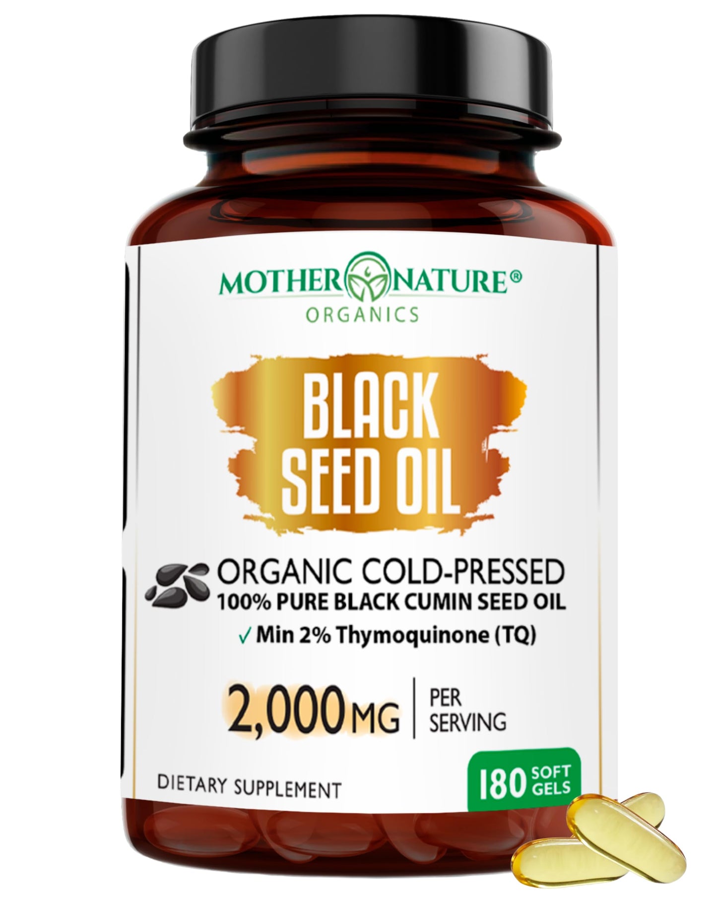 Mother Nature Organics Organic Black Seed Oil Capsules 1000mg – 180ct, 3-Month Supply, Cold-Pressed Nigella Sativa from Turkey