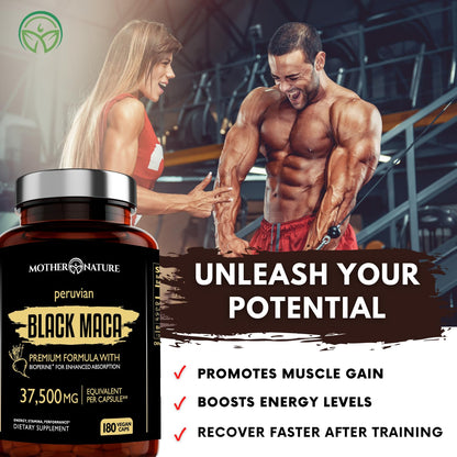 Mother Nature Black Maca 50:1 Extract – 37,500mg per Serving, 180 Vegan Capsules for Men