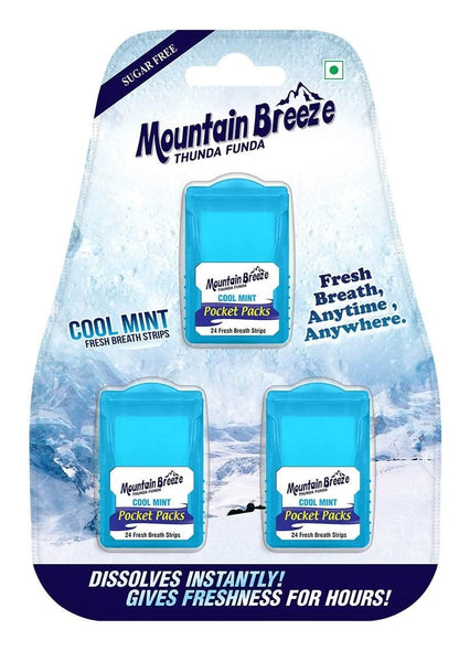 Mountain Breeze Sugar Free Cool Mint Breath Strips – 24 Strips per Cassette, Pack of 1 (3 Cassette) New