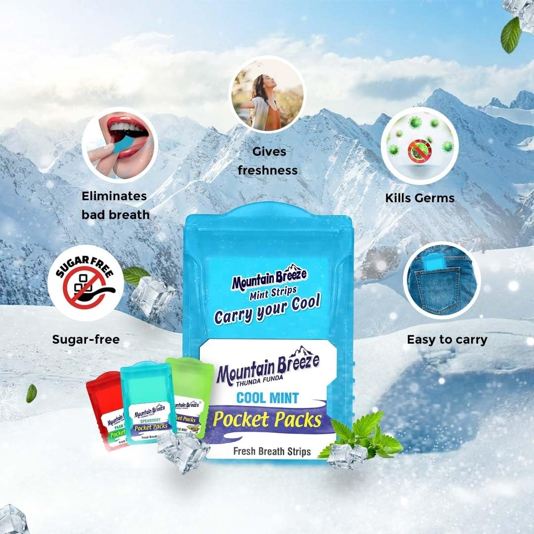 Mountain Breeze Sugar Free Cool Mint Breath Strips – 24 Strips per Cassette, Pack of 1 (3 Cassette) New