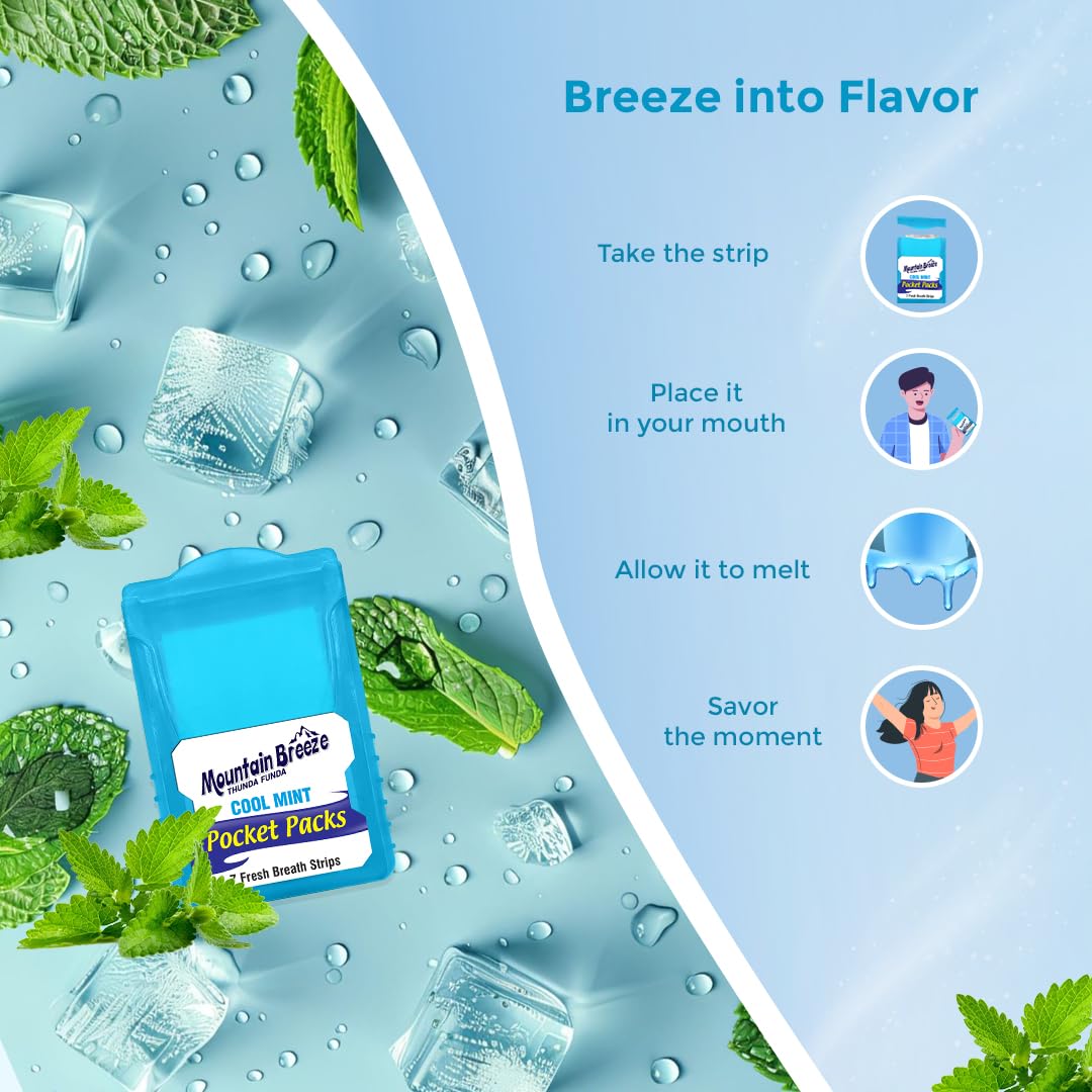 Mountain Breeze Sugar Free Cool Mint Breath Strips – 24 Strips per Cassette, Pack of 1 (3 Cassette) New