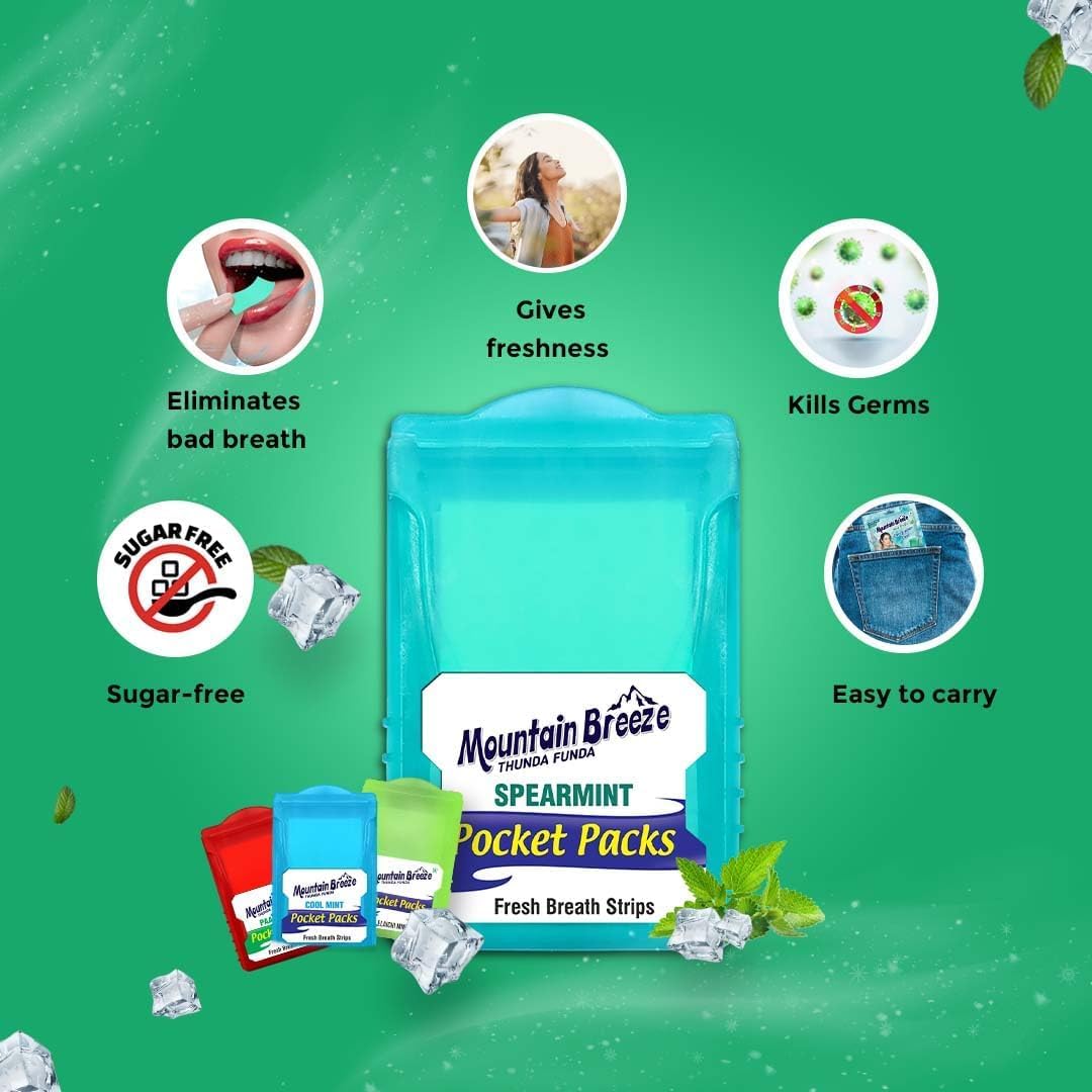 Mountain Breeze Mouth Fresh Strips – Sugar Free Spear Mint Breath Strips, 24 Strips per Cassette, Pack of 3