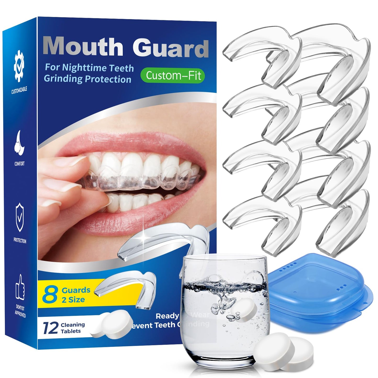 Mouth Guard for Teeth Grinding at Night – Bruxism Night Guard (8 Pack) with 12 Cleaning Tablets