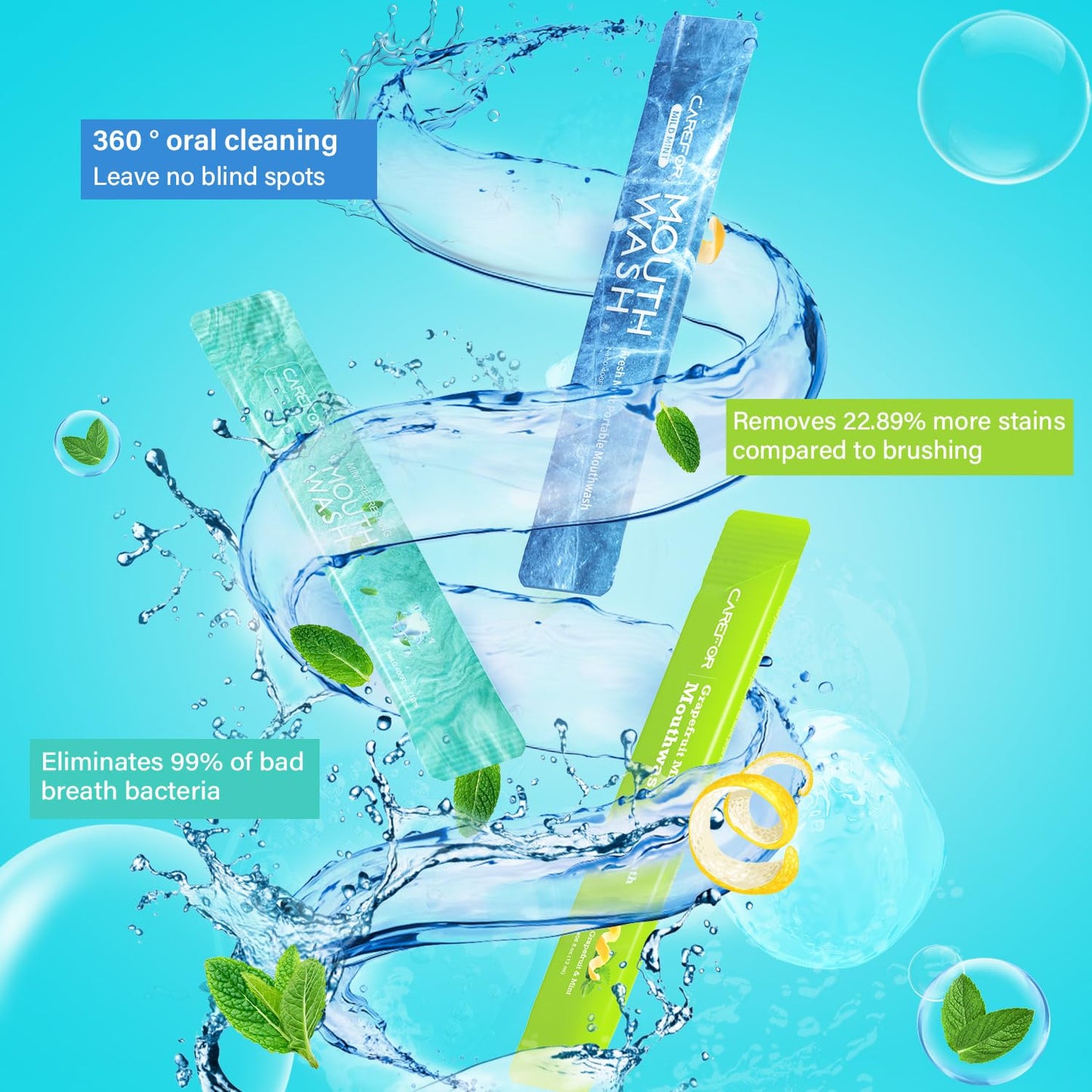 Mouthwash Travel Size – Portable Packets to Go | Fresh Mint, Icy Mint, Grapefruit Mint | Alcohol & Fluoride Free