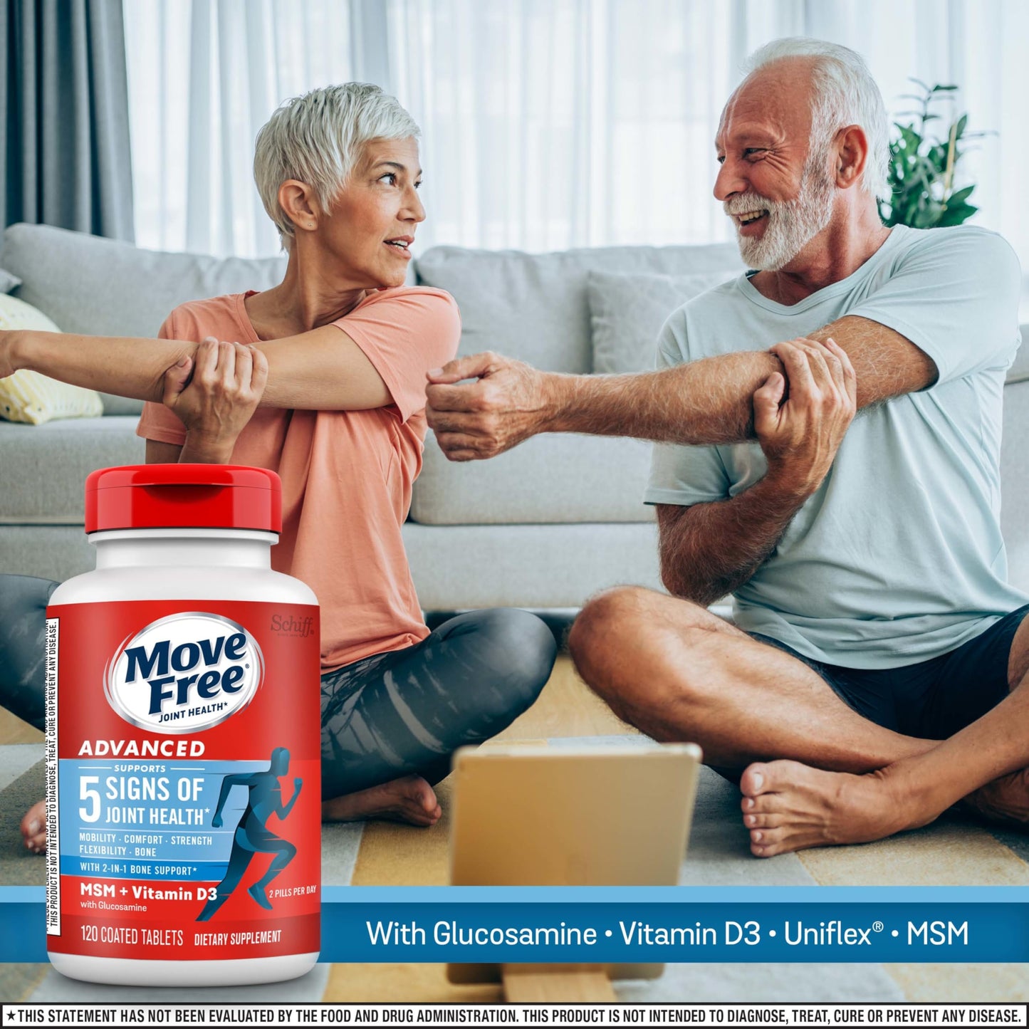 Move Free Advanced: Glucosamine Chondroitin MSM + Vitamin D3 Joint Support – Mobility, Bone & Immune Health (3x120ct)