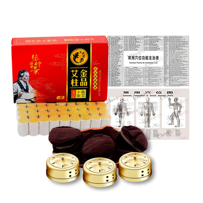 Chinese Moxibustion Box Kit – Smokeless Portable Moxa Set (54pcs, 3 Copper Burners, Acupoint Map)