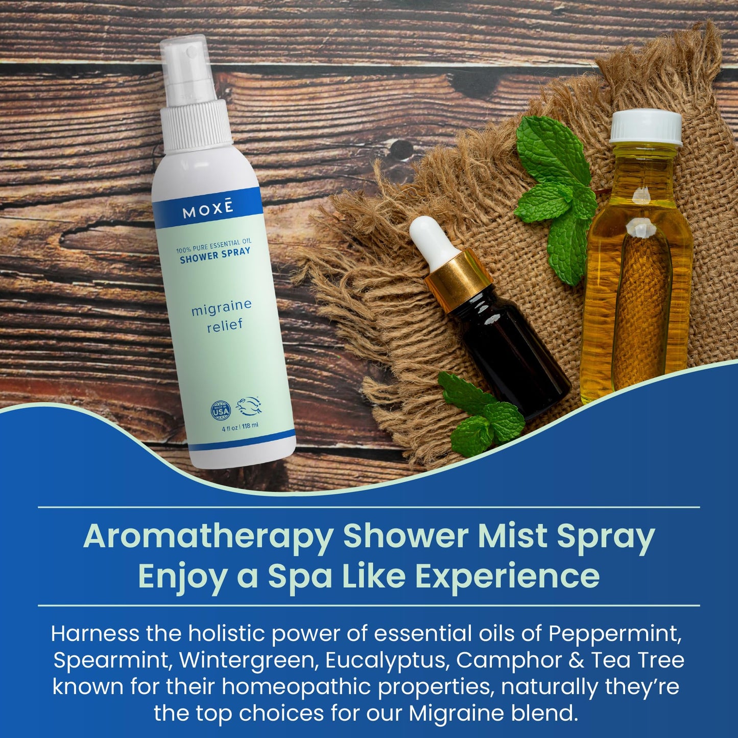 MOXE Migraine Relief Aromatherapy Shower Spray – Essential Oils for Headache & Tension Relief | Made in USA