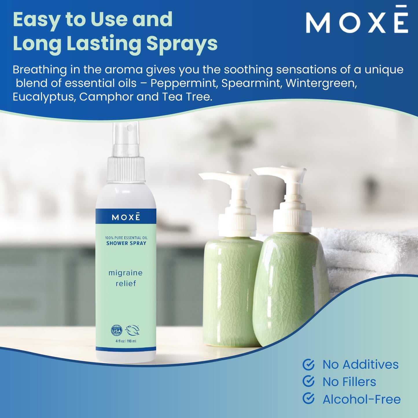 MOXE Migraine Relief Aromatherapy Shower Spray – Essential Oils for Headache & Tension Relief | Made in USA