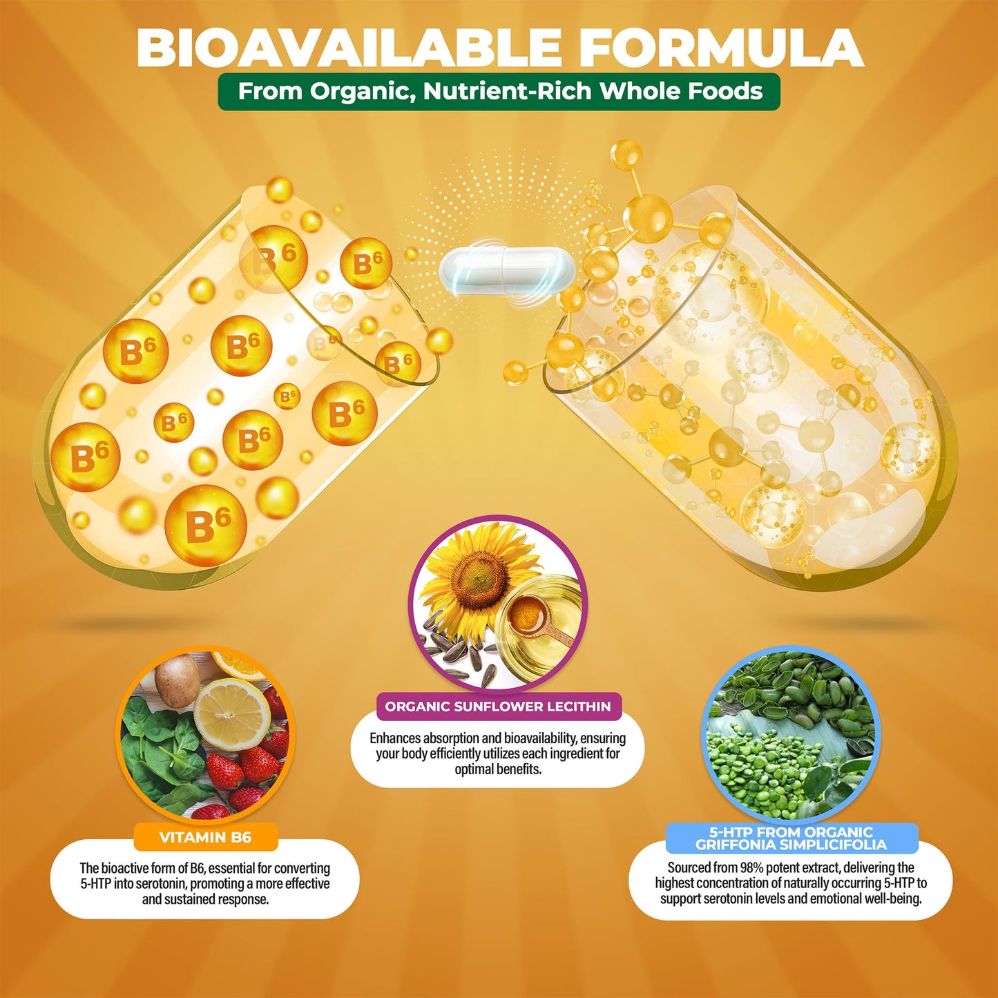 MoxyVites 5HTP 100mg with B6 – Organic, Non-GMO, 120 Vegan Capsules