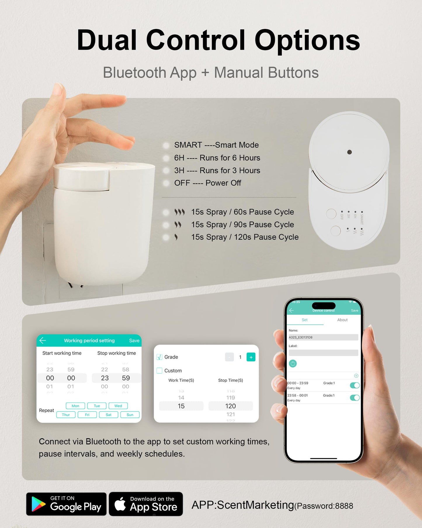 MQLMF Wall Plug-in Diffuser – Waterless, Bluetooth App, 800 Sq Ft, White