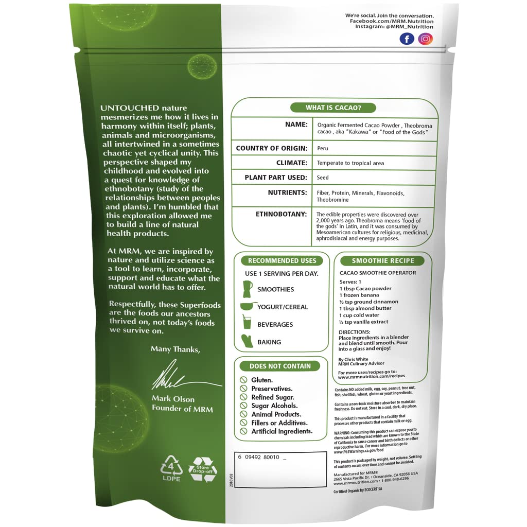 MRM Nutrition Organic Fermented Cacao Powder – Gluten Free & Vegan | 43 Servings