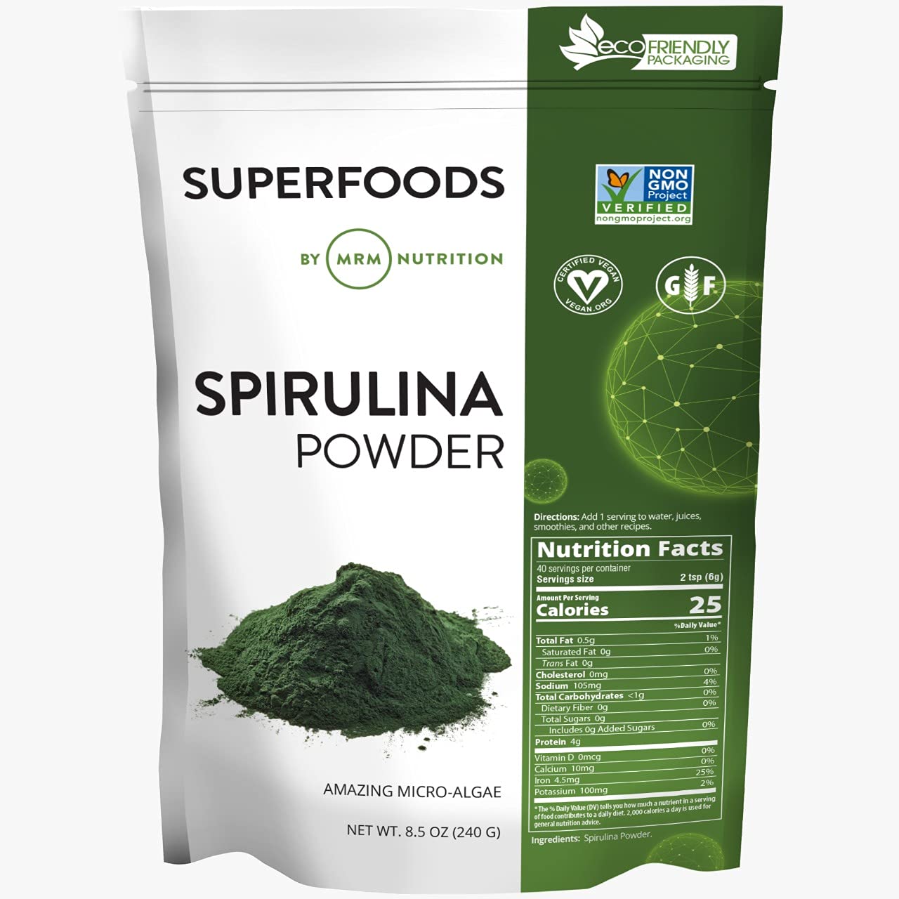 MRM Nutrition Spirulina Powder – Superfood, Complete Plant Protein, Gluten-Free + Vegan | 40 Servings | 8.5 oz