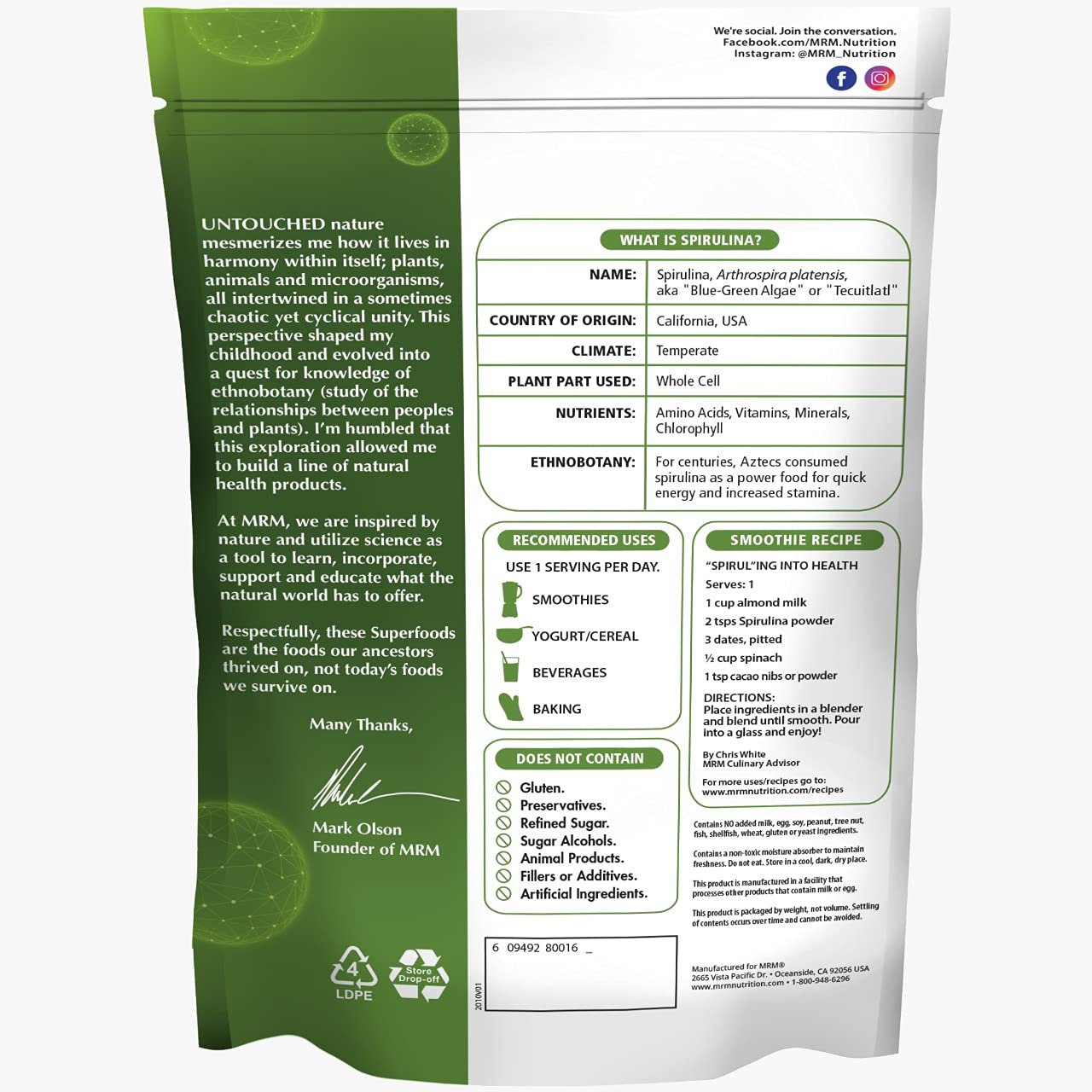 MRM Nutrition Spirulina Powder – Superfood, Complete Plant Protein, Gluten-Free + Vegan | 40 Servings | 8.5 oz
