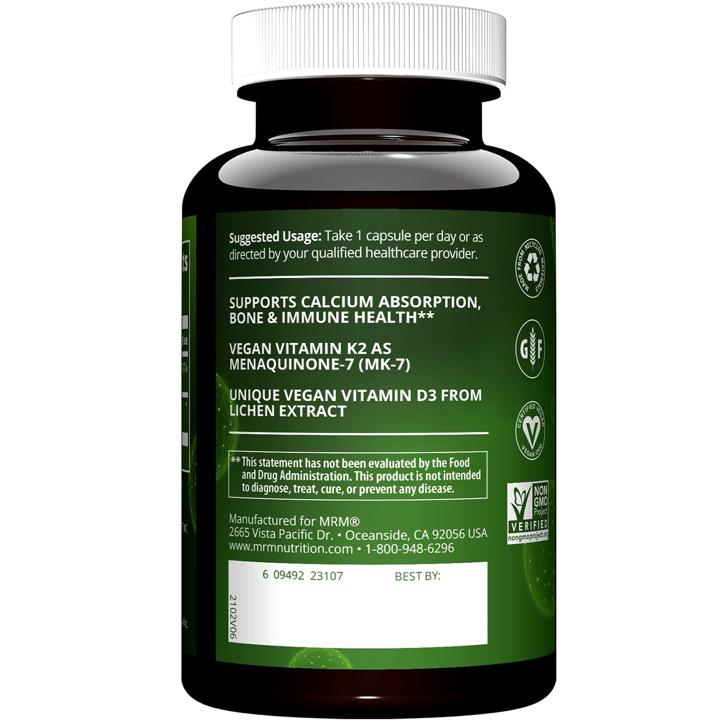 MRM Nuturition Vegan Vitamin D3 & K2 | Bone + Immune Health | Made from lichens | Supports Calcium Absorption | Vegan + Vegetarian Friendly | 60 Servings