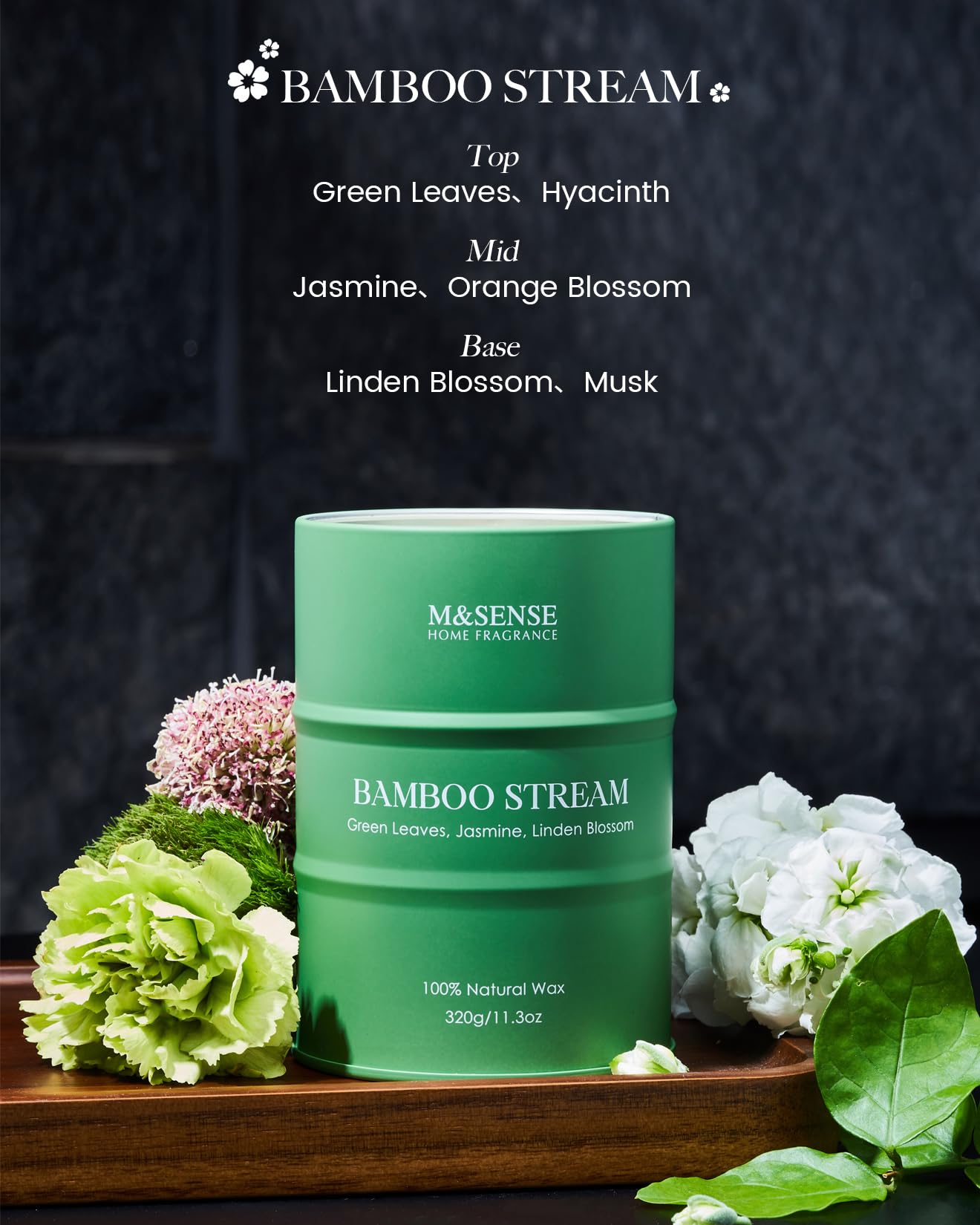 M&SENSE Bamboo Scented Candles – Natural Non-Toxic Aromatherapy 11.3oz, 70-Hour Burn