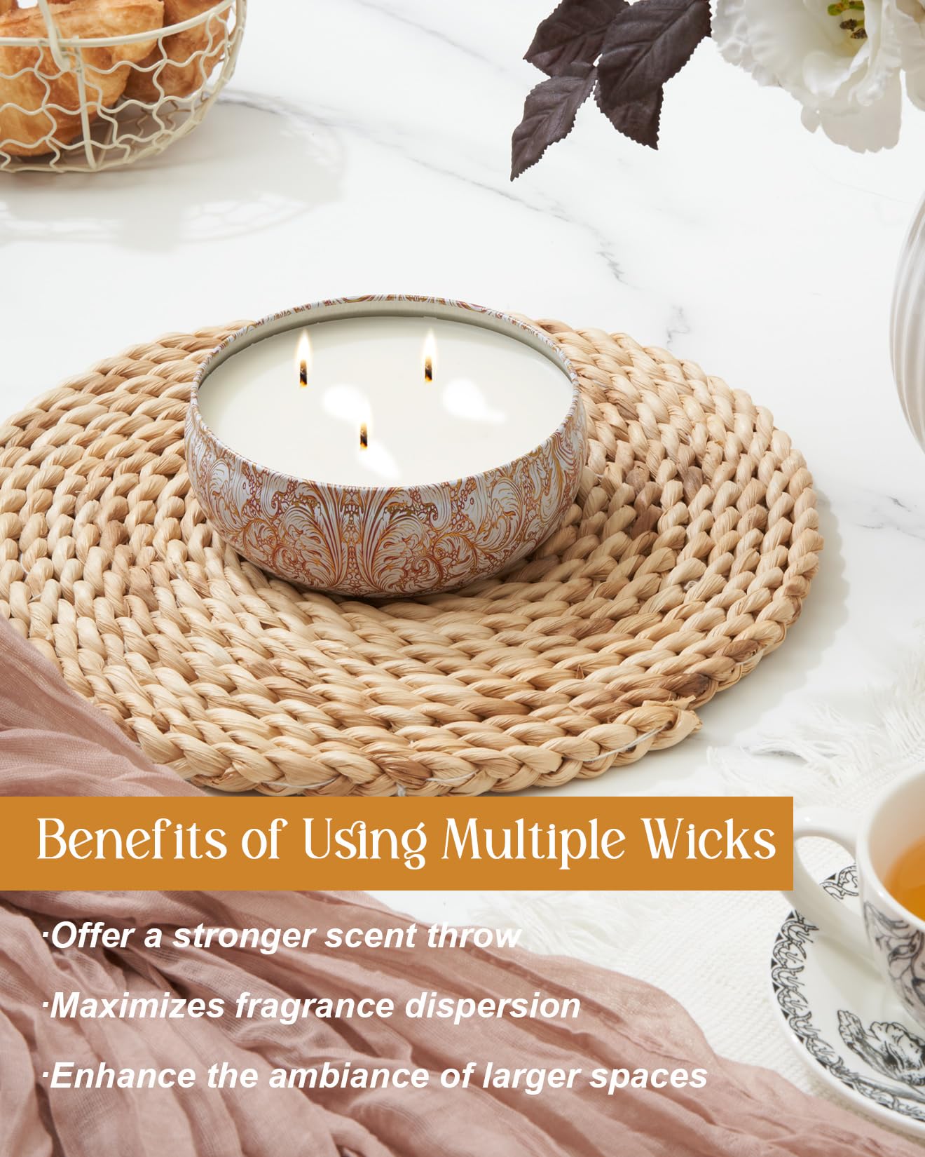 M&SENSE Basil Flower Scented Candles | 3 Wick Soy Tin, 40+ Hr Burn