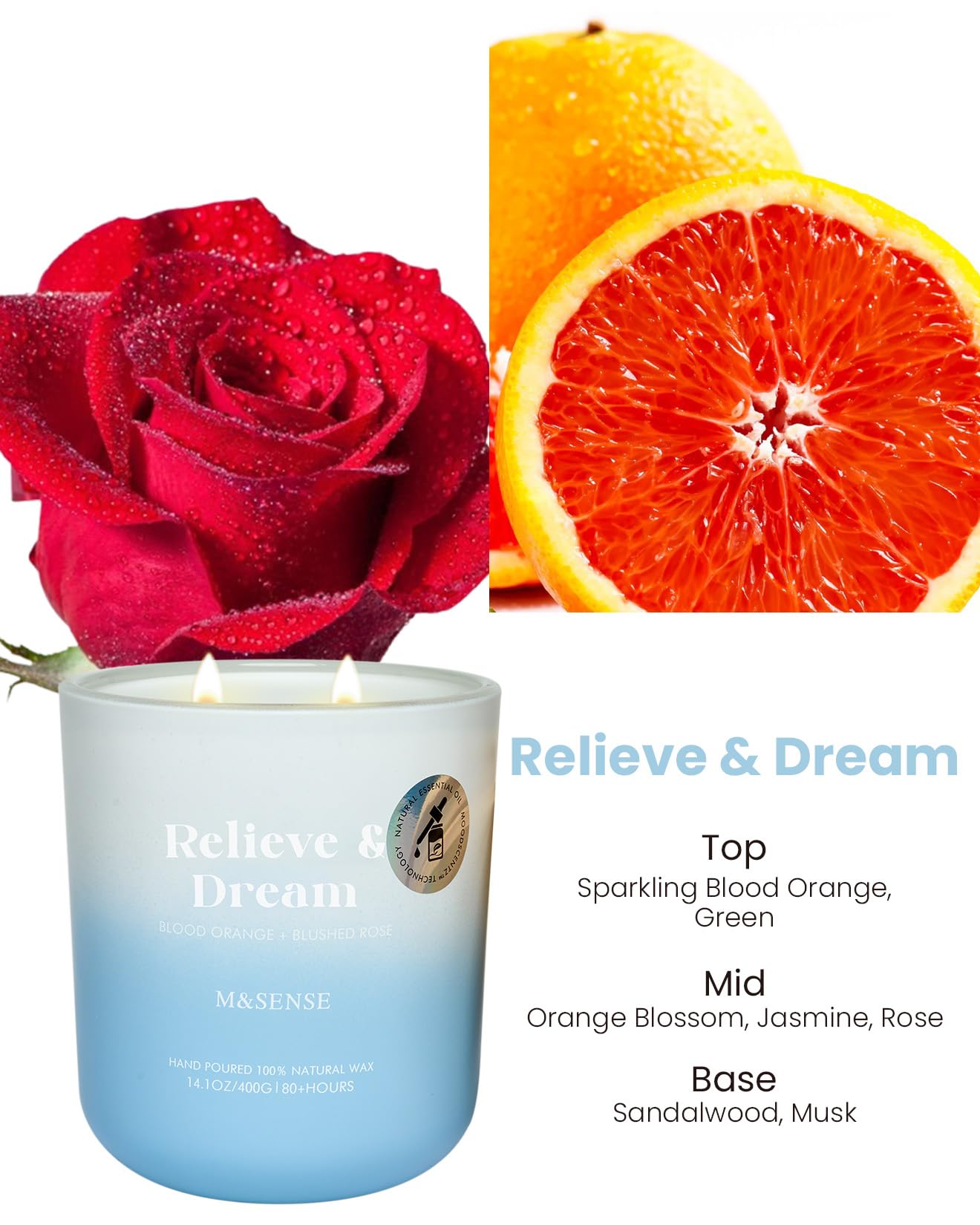 M&SENSE Blood Orange & Blushed Rose Aromatherapy Candle - 80-Hour Burn