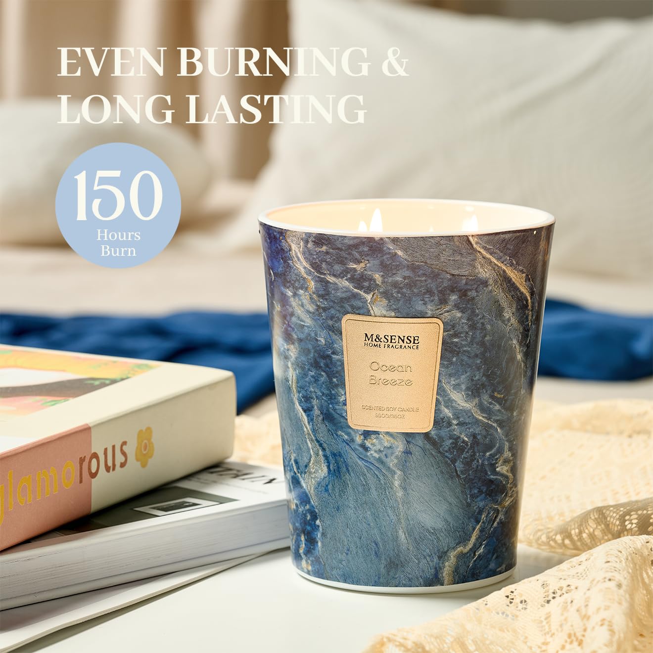 M&SENSE Extra Large Candle 35oz Ocean Breeze – 3-Wick, 150H Burn Time