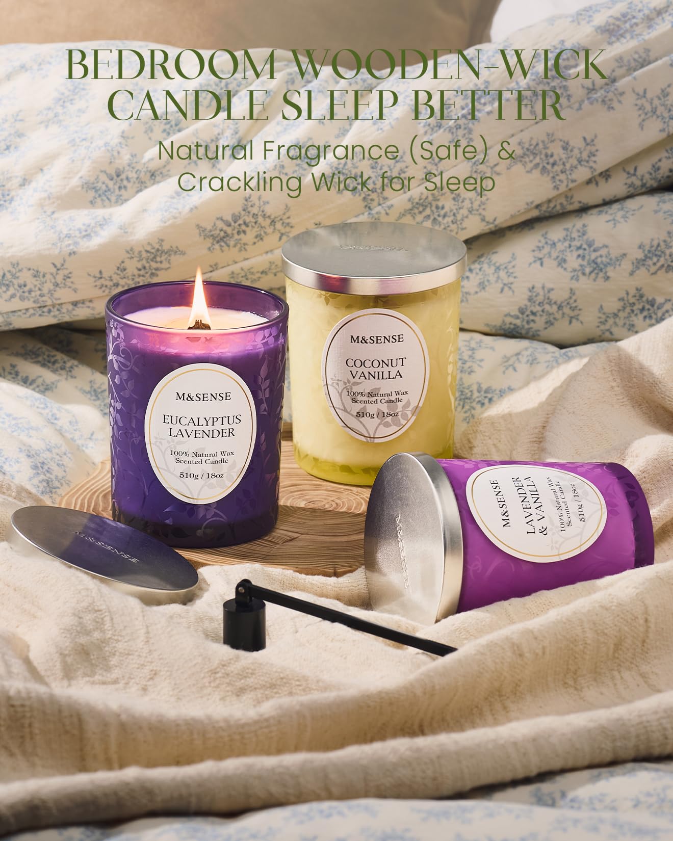 M&SENSE Lavender Vanilla Candle | 18oz Soy Wax, Wooden Wick, 100+ Hours
