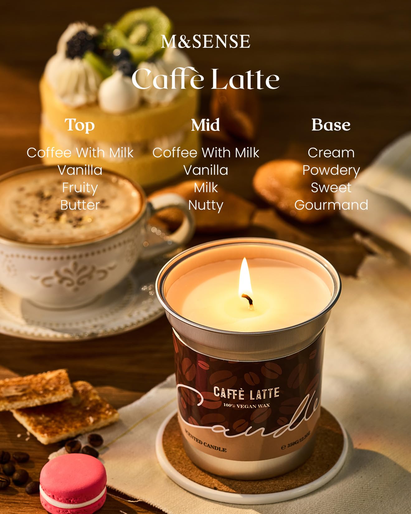 M&SENSE Coffee Candles – Latte Scented, Soy Wax, 16.2oz, 100 Hours Burn