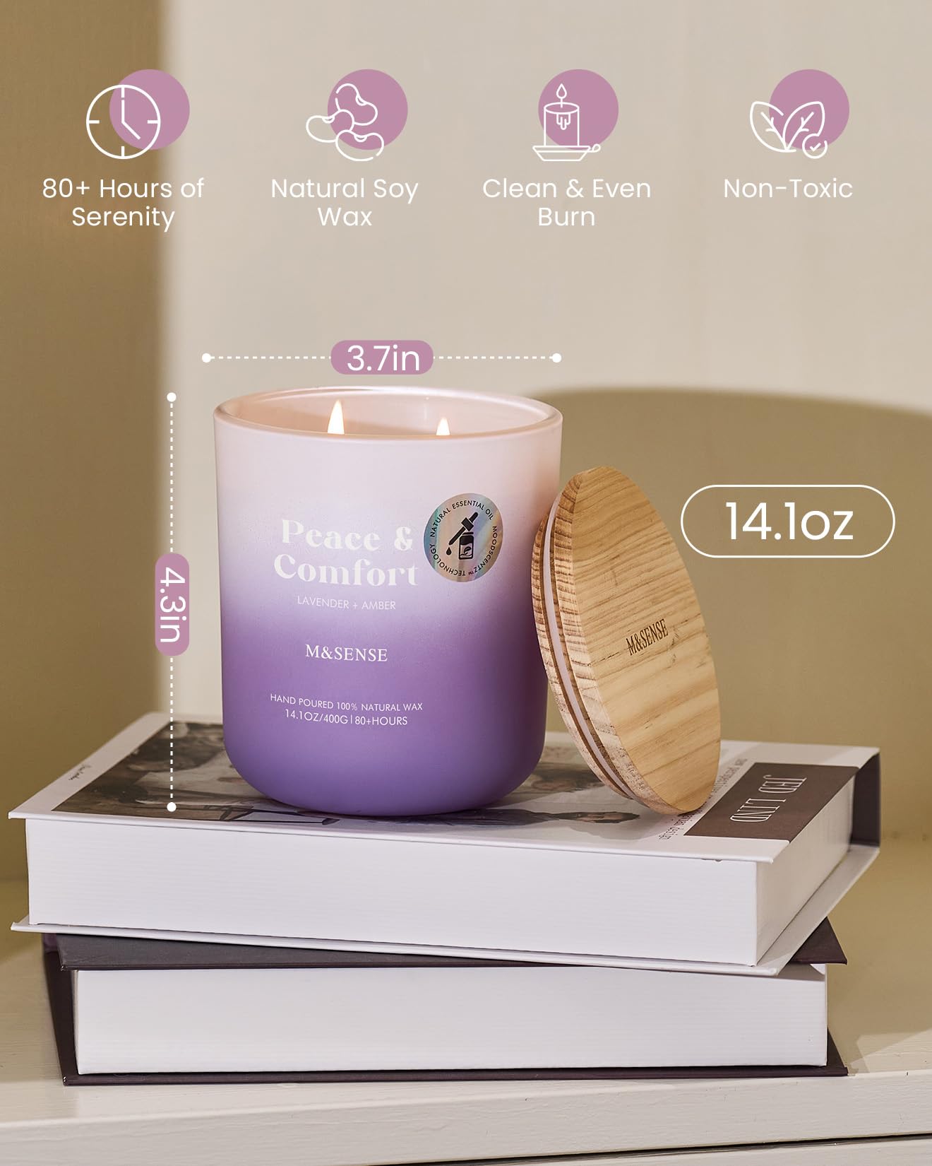 M&SENSE Lavender Amber Candle – 14.1oz Soy Wax Aromatherapy, 80h