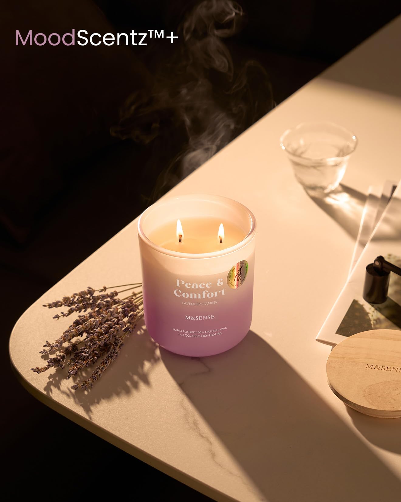 M&SENSE Lavender Amber Candle – 14.1oz Soy Wax Aromatherapy, 80h