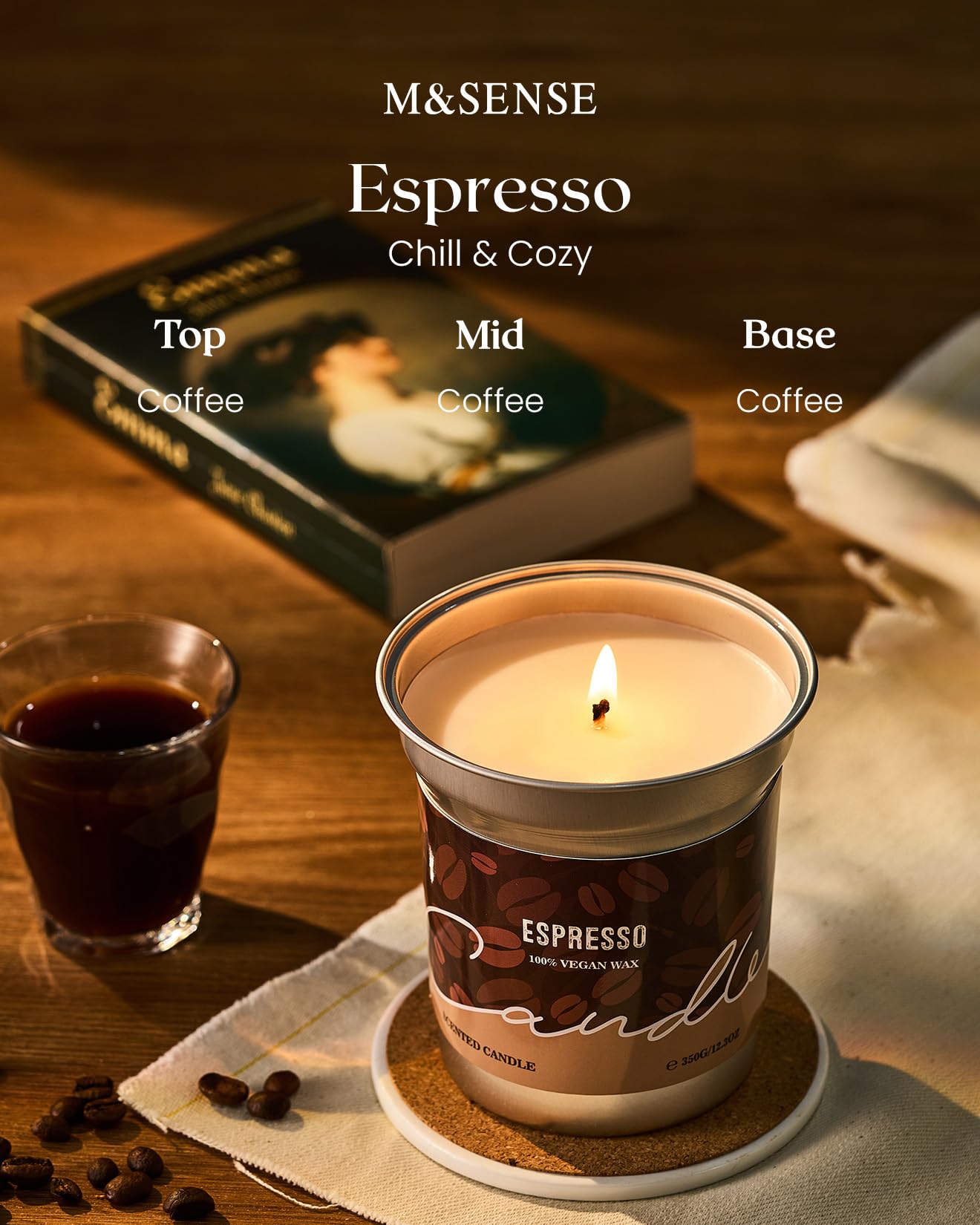 M&SENSE Espresso Candles - Black Coffee Scented 7oz Soy Wax Candle | Non-Toxic, Clean Burn