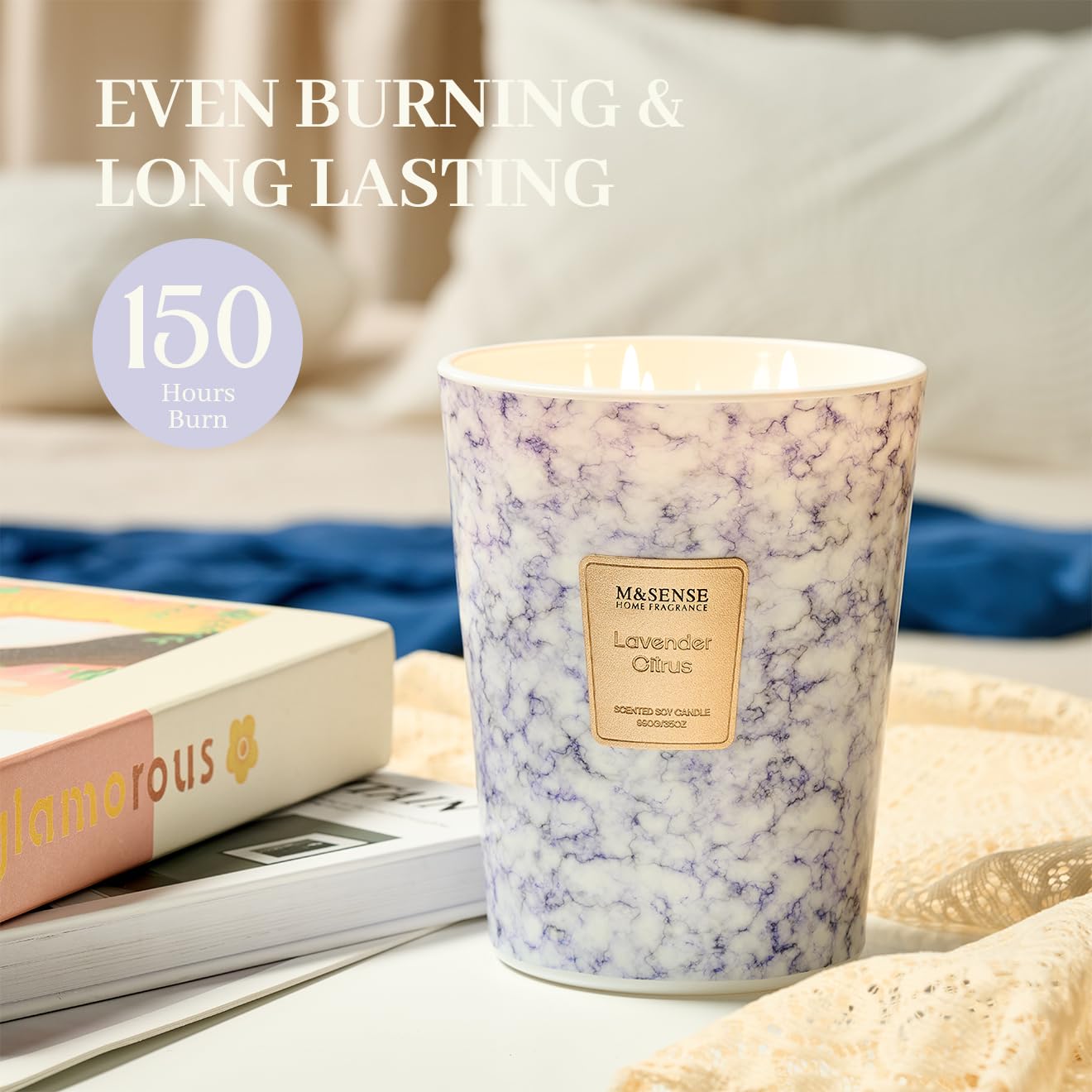 M&SENSE Extra Large 35oz Lavender Citrus Candle – 3 Wick, 150h Burn
