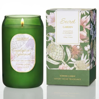 M&SENSE Green Soy Scented Candle - Eucalyptus Mint, 10.6 oz, 60-Hour Burn