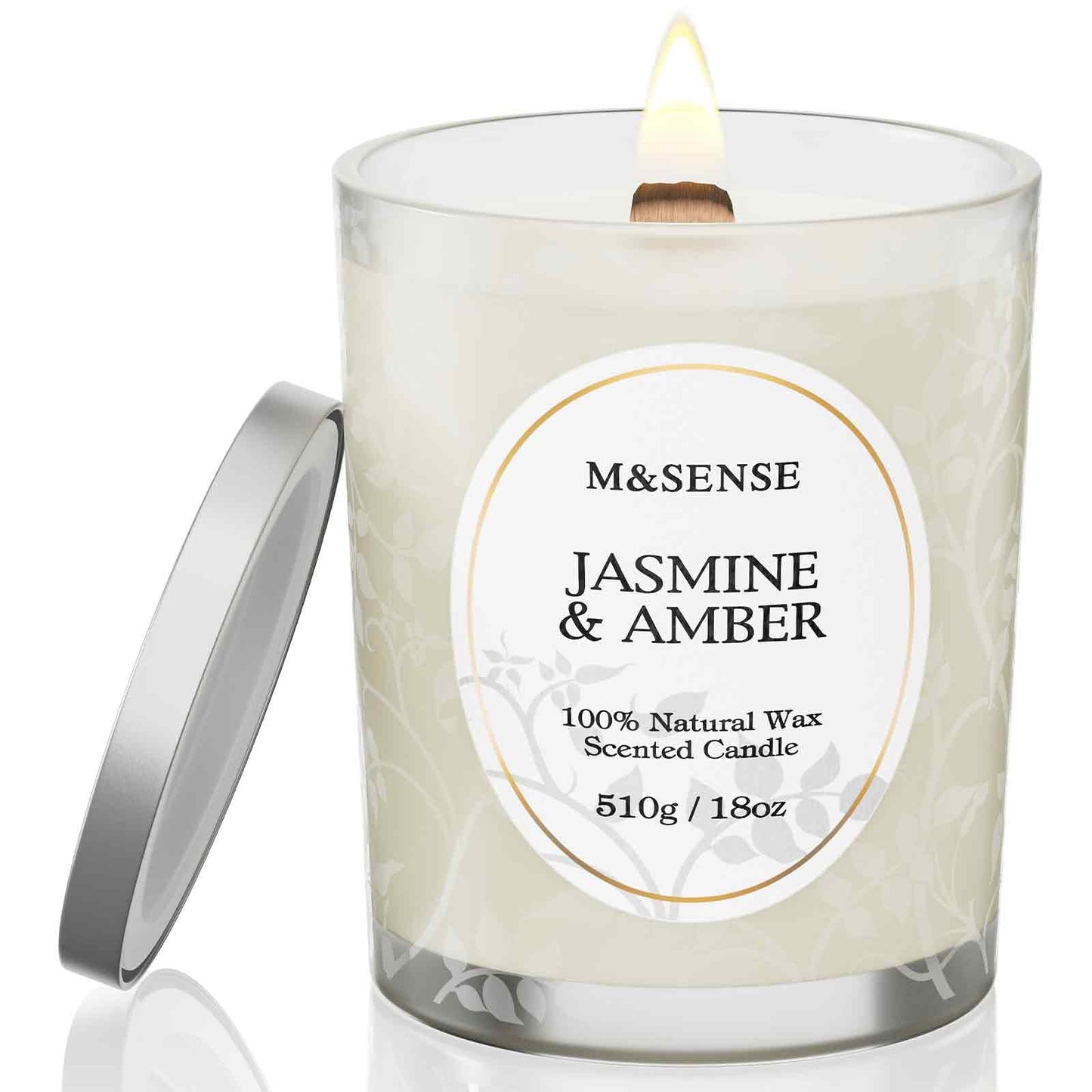M&SENSE Jasmine Amber Candle – 18oz Soy Wax, Crackling Wooden Wick, 100-Hour Clean Burn