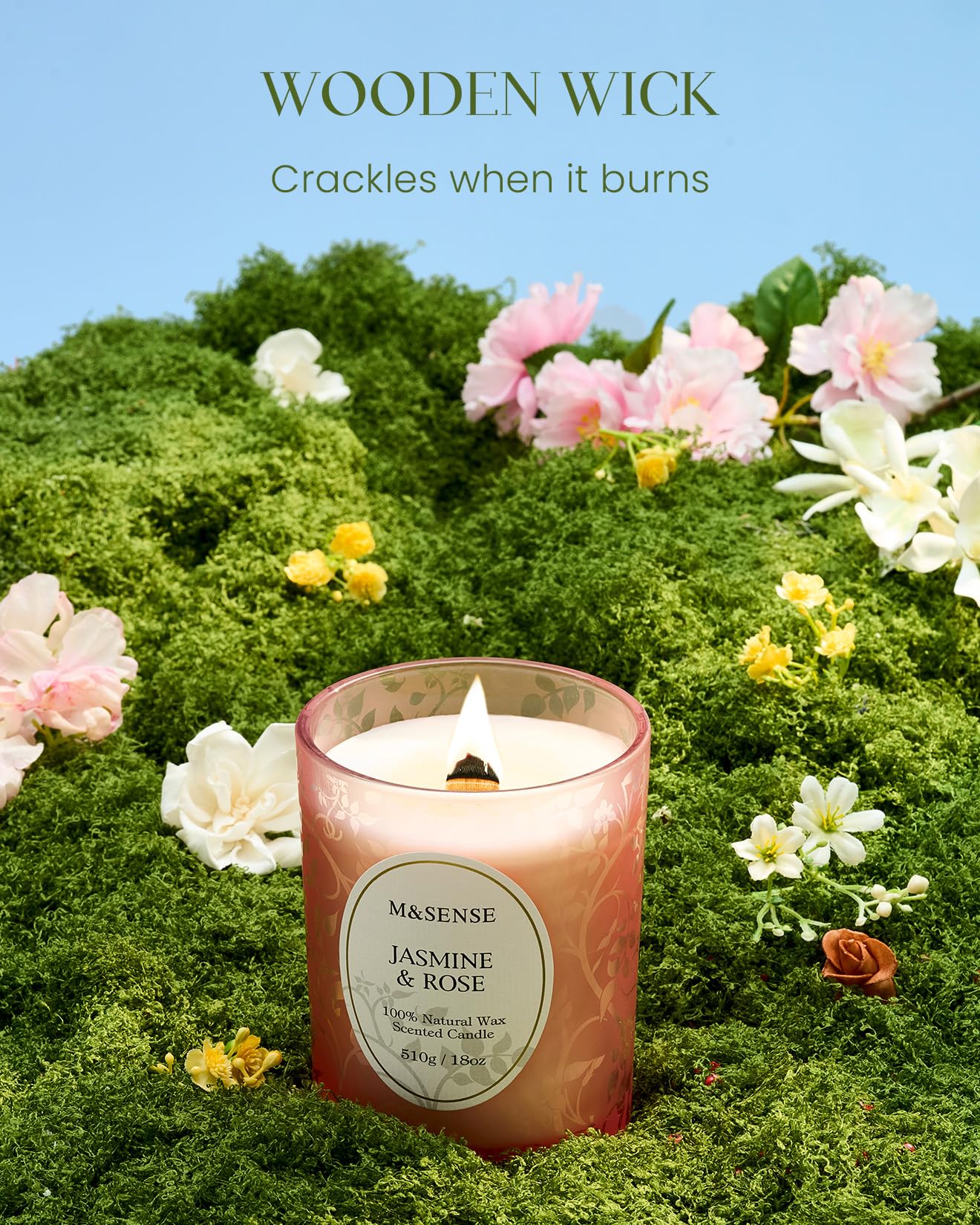 M&SENSE Jasmine Rose Candle | Crackling Wooden Wick, 18oz Soy Wax | 100+ Hours Burn | Non-Toxic Aromatherapy Gift