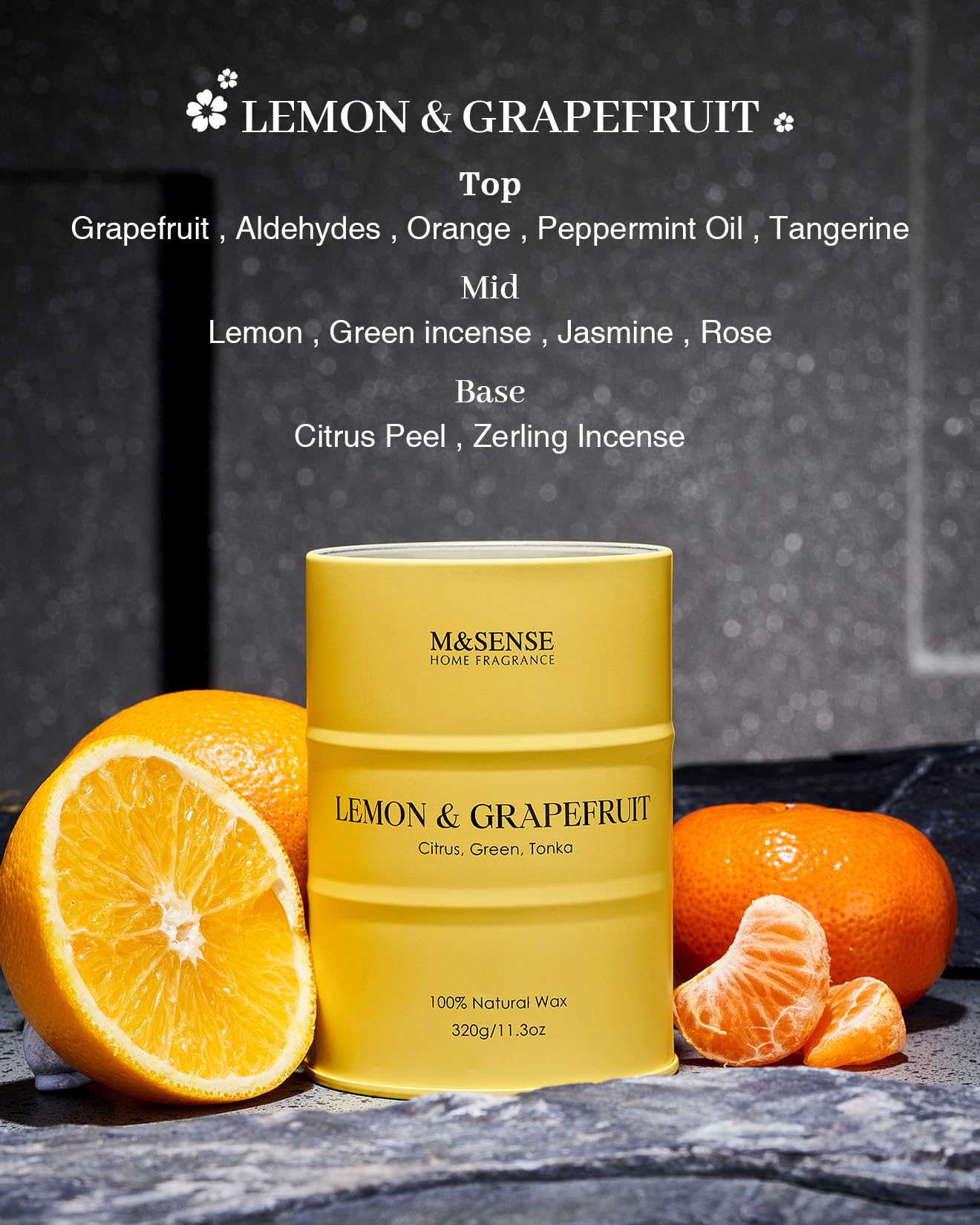 M&SENSE Lemon Candle – 11.3oz, 70-Hour Burn, Grapefruit Citrus Scent