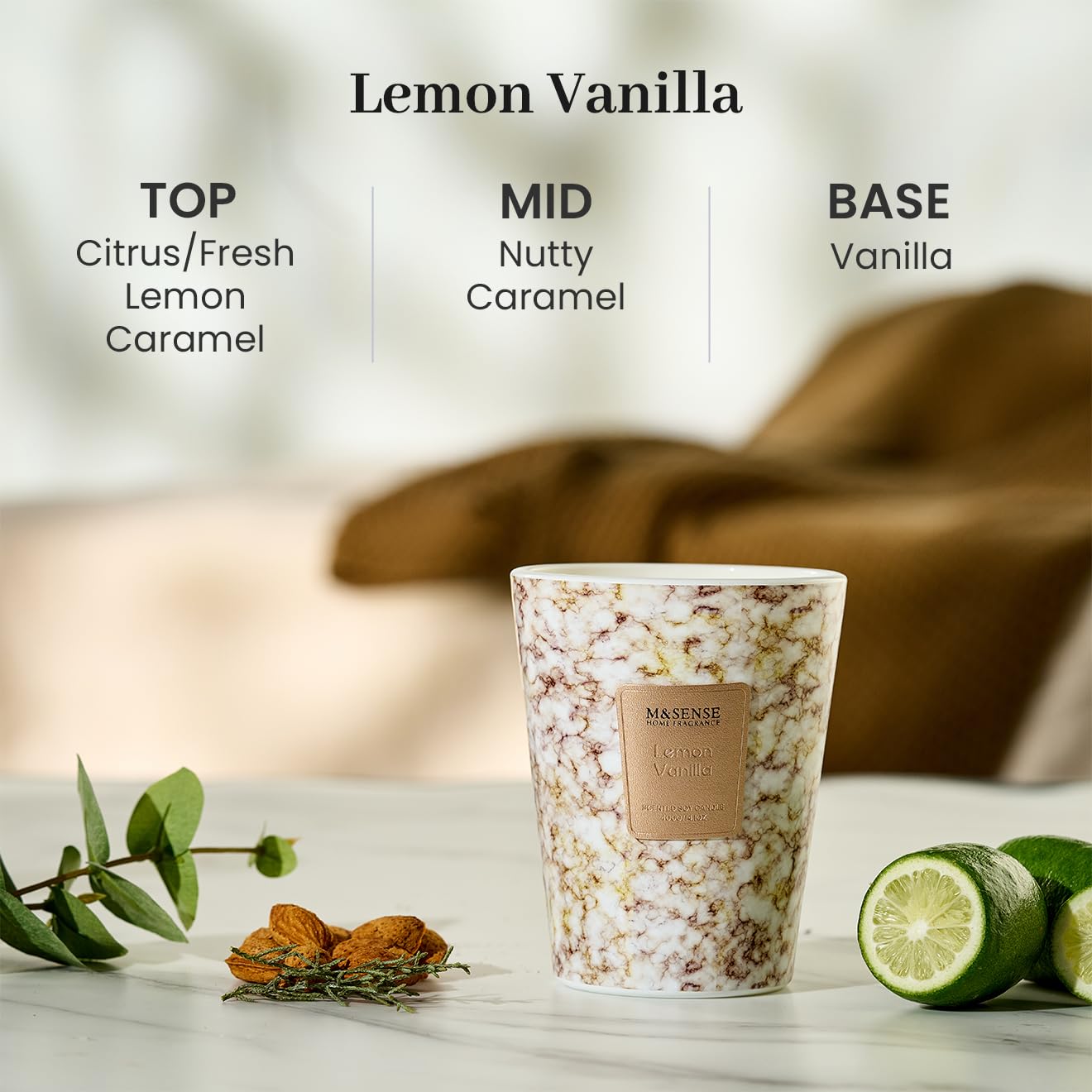 M&SENSE Lemon Vanilla Candle – 3-Wick, 14.1 oz, 75h Burn Time