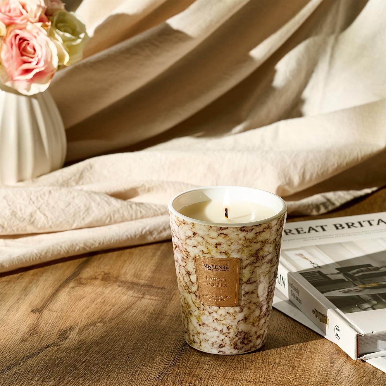 M&SENSE Lemon Vanilla Candle – 3-Wick, 14.1 oz, 75h Burn Time