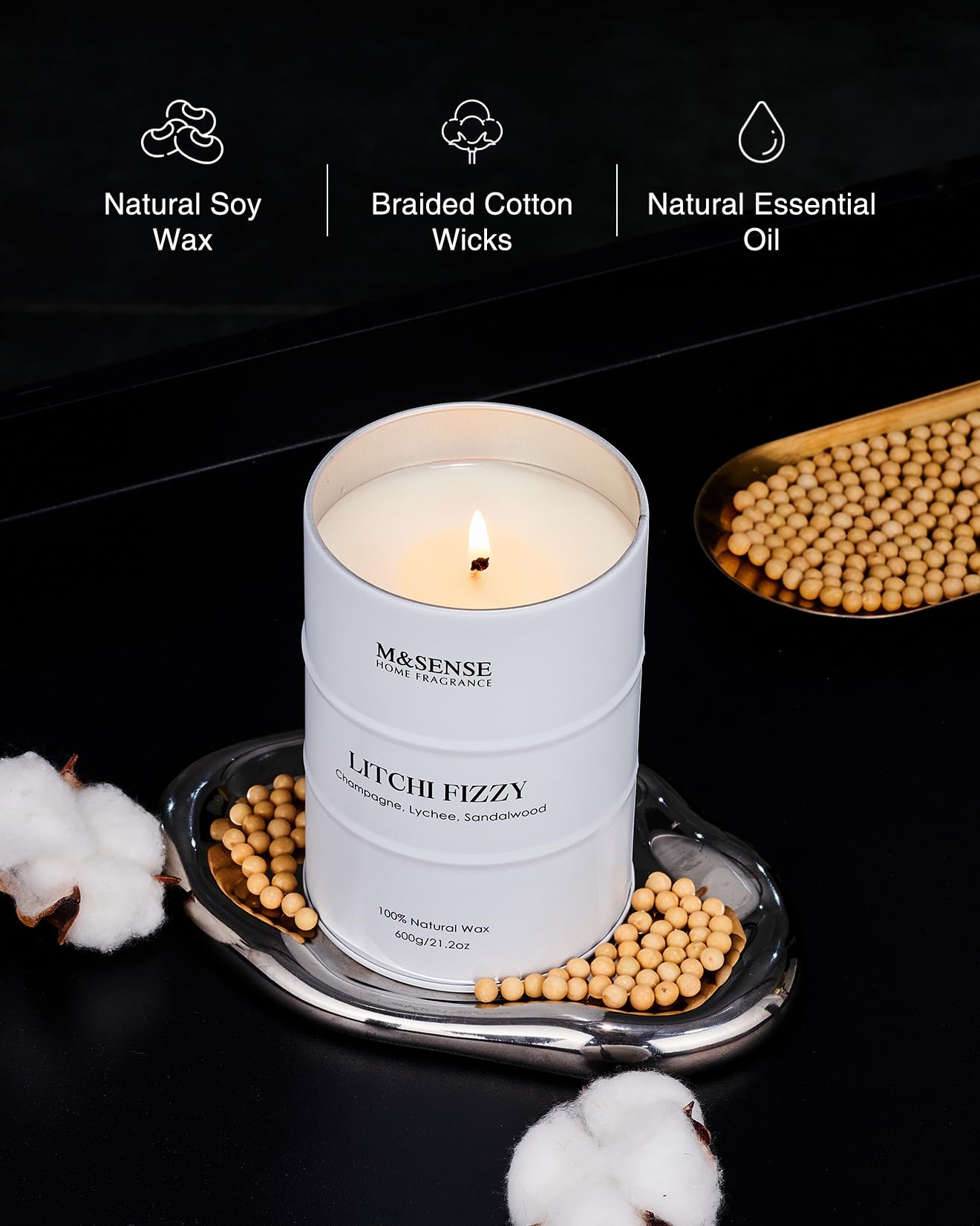 M&SENSE Litchi Fizzy Soy Candle – 21.2oz, 120-Hour Burn, Non-Toxic