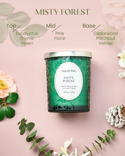 M&SENSE Misty Pine Forest Wood Wick Candle – 18oz, 100-Hour Natural Soy Wax