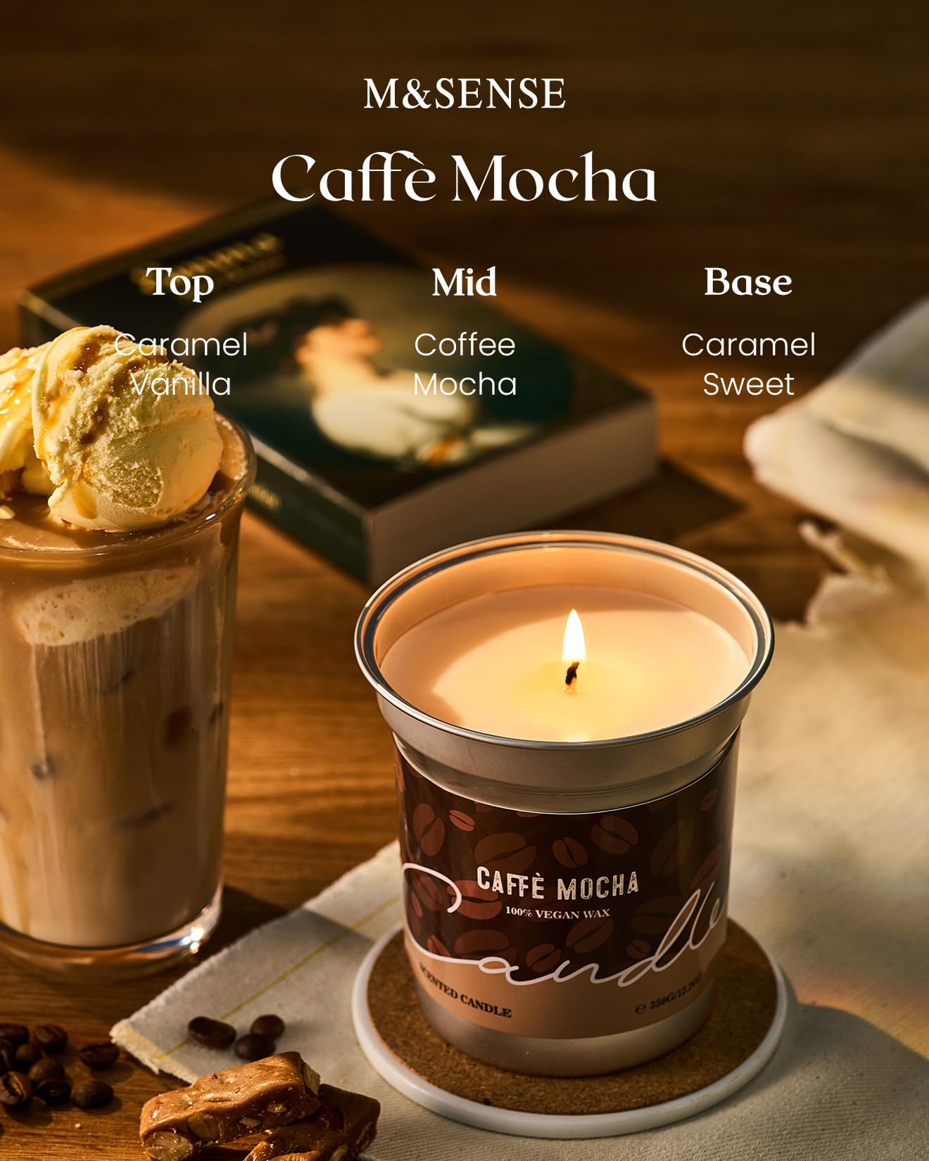 M&SENSE Mocha Coffee Scented Candle 7oz – 42H Slow Burn, Soy Organic, Non-Toxic