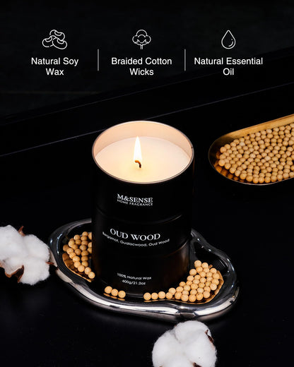 M&SENSE Oud Wood Large Scented Candle – Natural Soy Wax, 21.2oz, 120h Burn Time